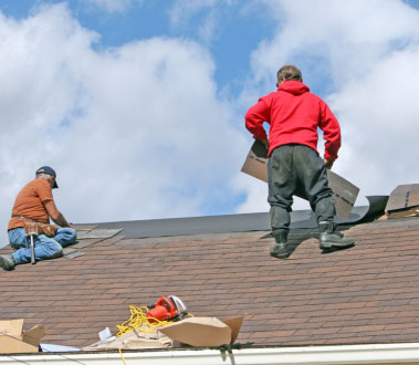 The image shows two individuals working on a roof repair under an overcast sky.