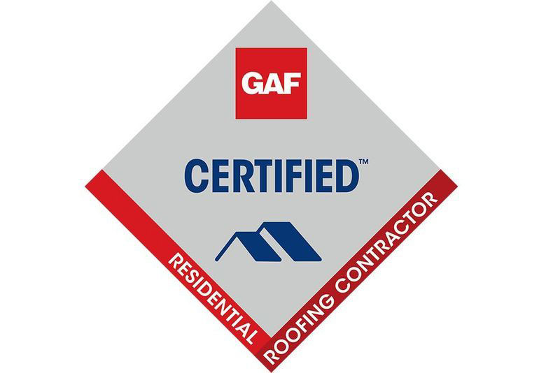 The image features a logo with text and an icon, set against a white background with a red border, indicating certification for roofing contractors by GAF.