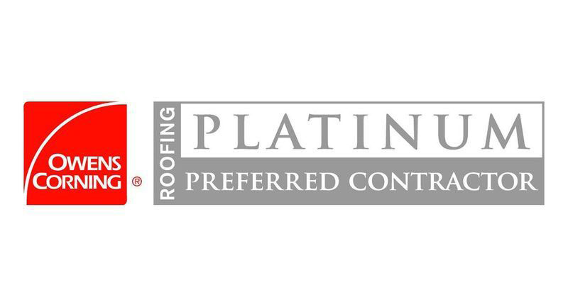 The image features a logo with the text OWENS CORNING prominently displayed above a red roofing symbol, indicating a company specializing in roofing services, with additional information stating PREMIUM CONTRACTOR and a certification emblem reading PLATINIUM.