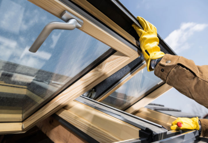 A person wearing safety gloves installs a window into a building frame.