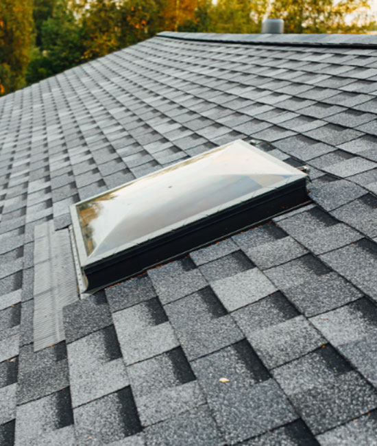 The image shows a close-up view of a skylight on a shingled roof during daylight hours, with the sky visible through the clear glass panel.